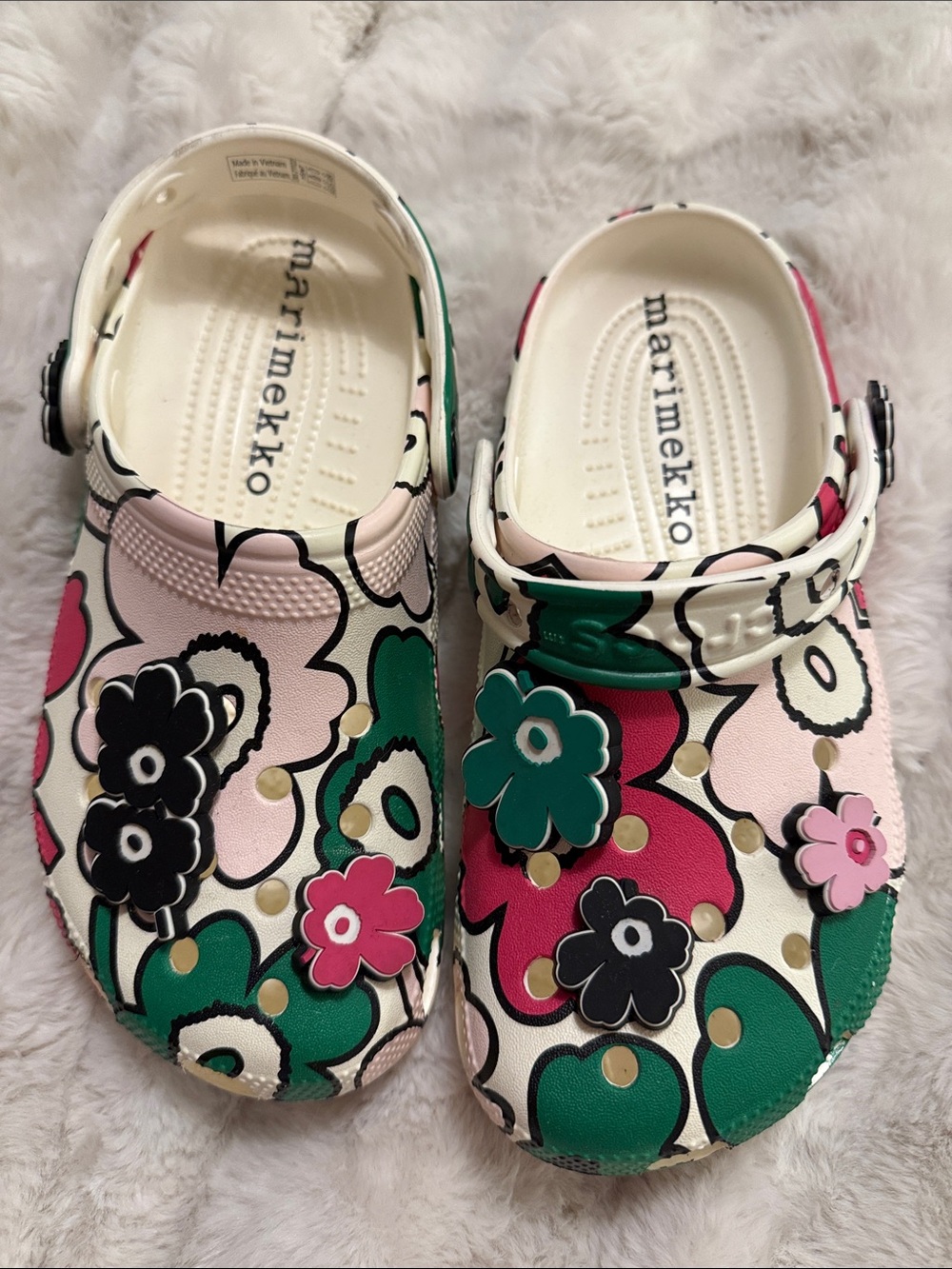 Marimekko x Crocs Classic Clogs featuring the iconic colorful floral charms